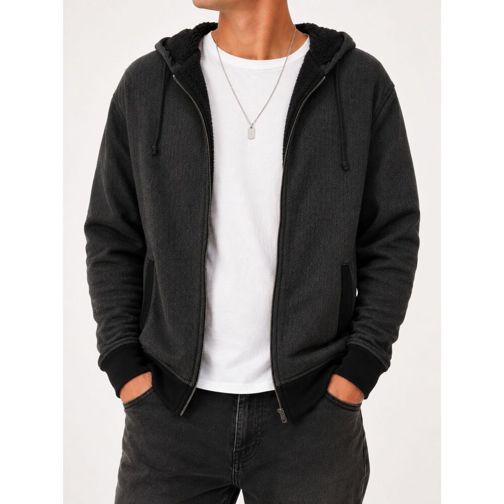 Chor Sherpa Lined Zip Hoodie Jacket XXL Black Herringbone Fleece Cozy Grunge